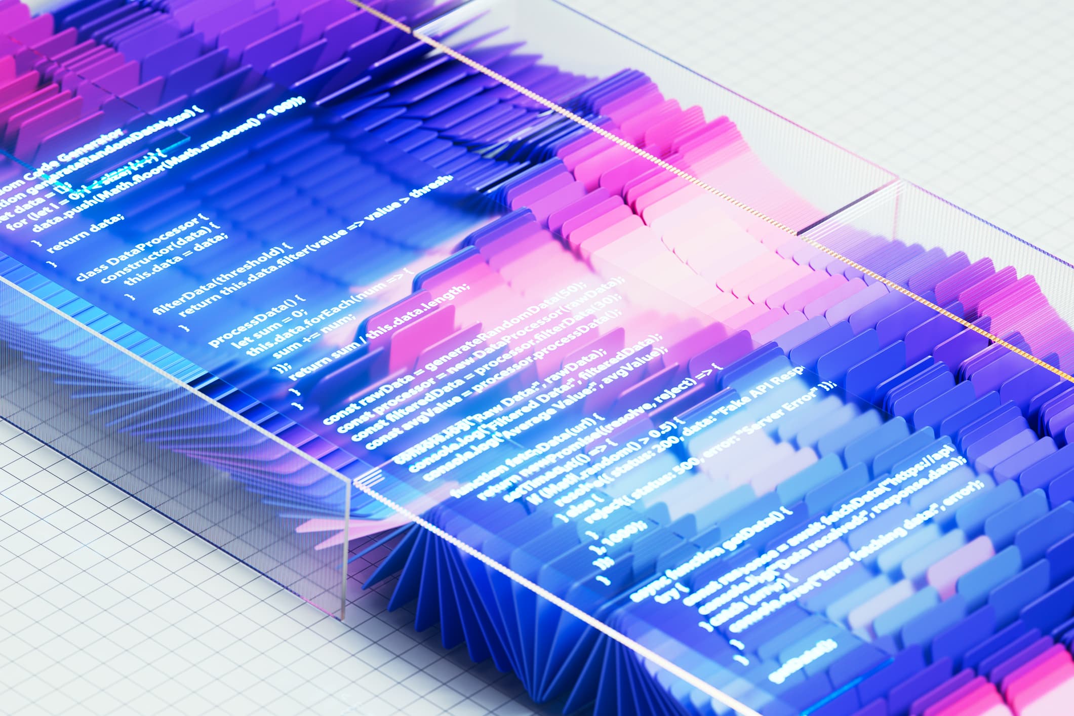 Colorful data flow visualization with programming code displayed on transparent panels